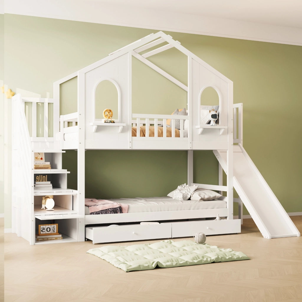 LETTO a castello a casetta 90x200 cm con scivolo e scala contenitore bianco