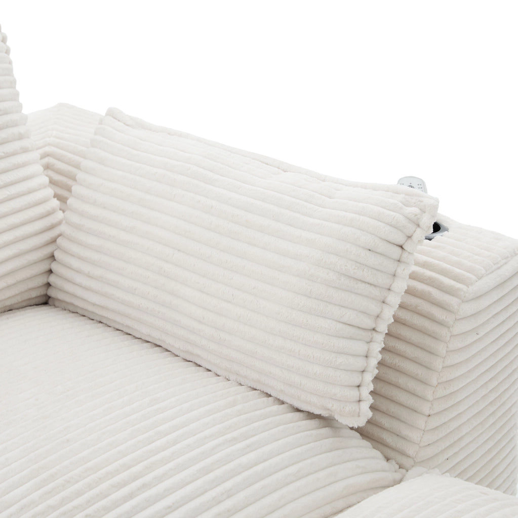 Divano modulare in velluto a coste beige con pouf e tasche laterali HAVRYA