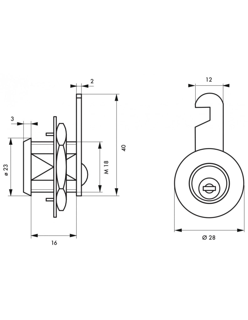 Serratura a camma nichelata, lunghezza 18 mm, 2 chiavi – THIRARD