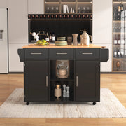 Carrello cucina multifunzionale 139x46(71)x91,5 cm con piano ribaltabile, 3 cassetti, 3 vani e ruote, nero/naturale