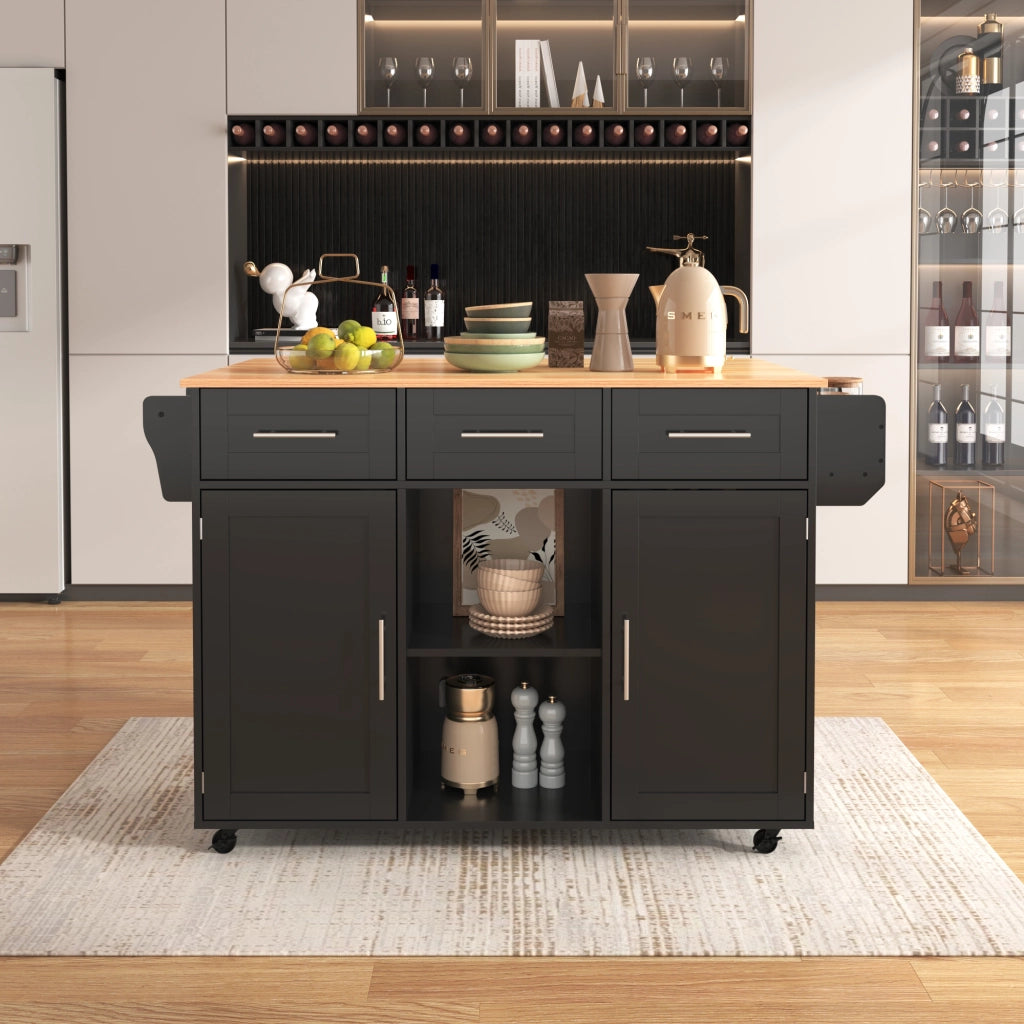 Carrello cucina multifunzionale 139x46(71)x91,5 cm con piano ribaltabile, 3 cassetti, 3 vani e ruote, nero/naturale