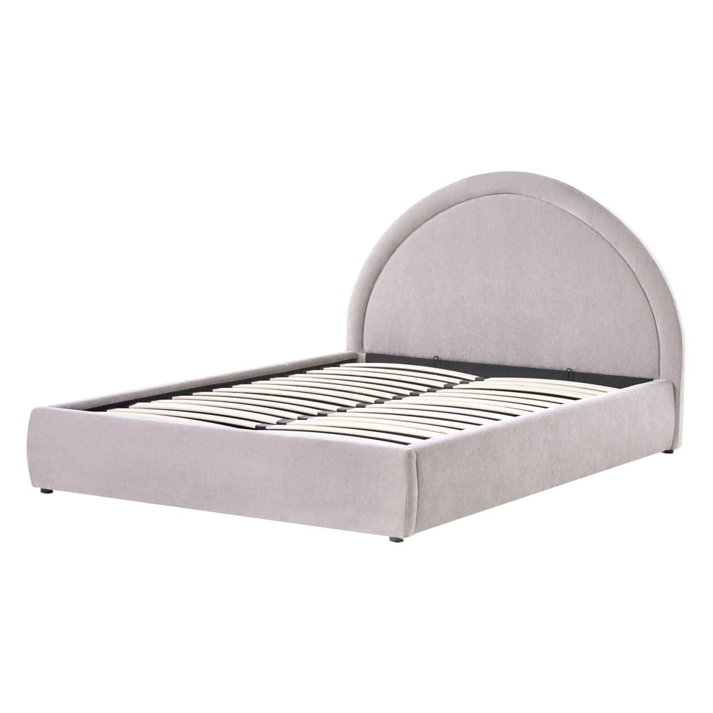 Letto imbottito in tessuto di ciniglia tortora 140 x 200 cm, contenitore rialzabile con testiera e rete a doghe