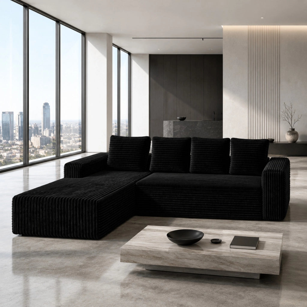 Divano modulare con chaise longue reversibile - seduta profonda in corduroy - nero