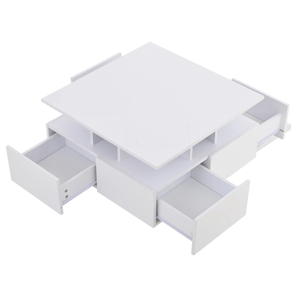Tavolino da salotto 70x70x40 cm bianco lucido con 4 cassetti, LED controllato da app e struttura a 3 livelli