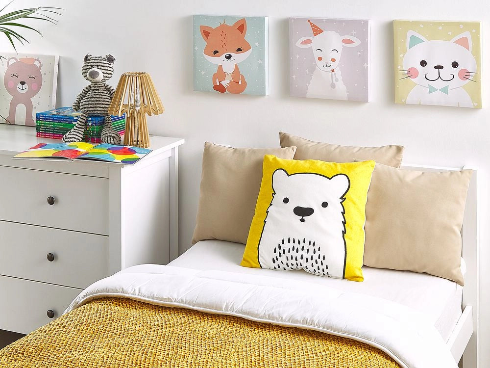 Cuscino per bambini Cuscino con immagine di orso in tessuto giallo con imbottitura morbida per bambini