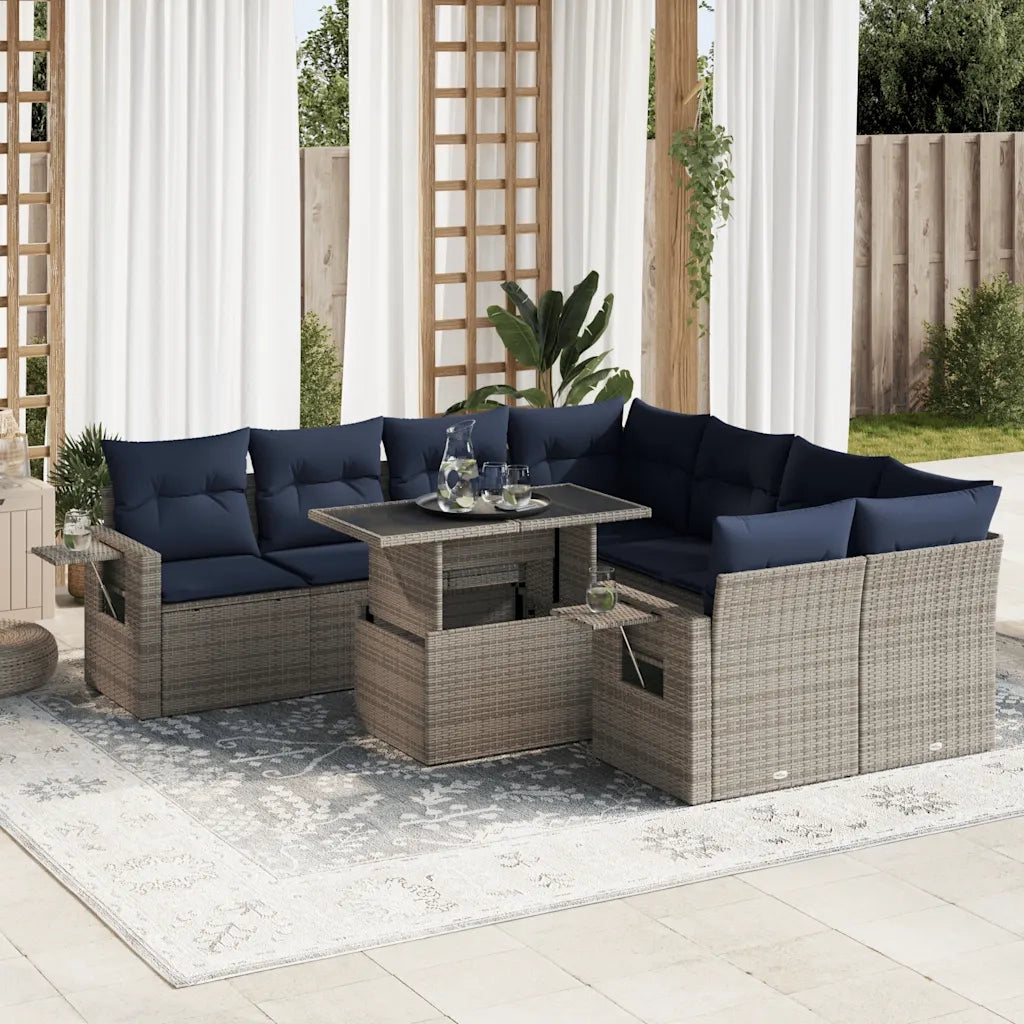 Set Divani da Giardino 9 pz con Cuscini Grigio Polyrattan Acacia 3326452