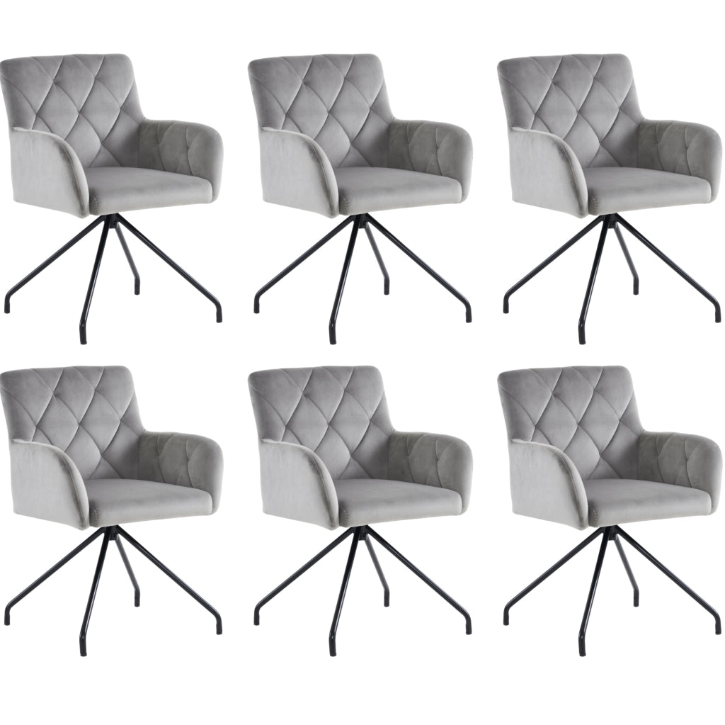 Set di 6 sedie da pranzo imbottite con braccioli; gambe in metallo; velluto grigio chiaro