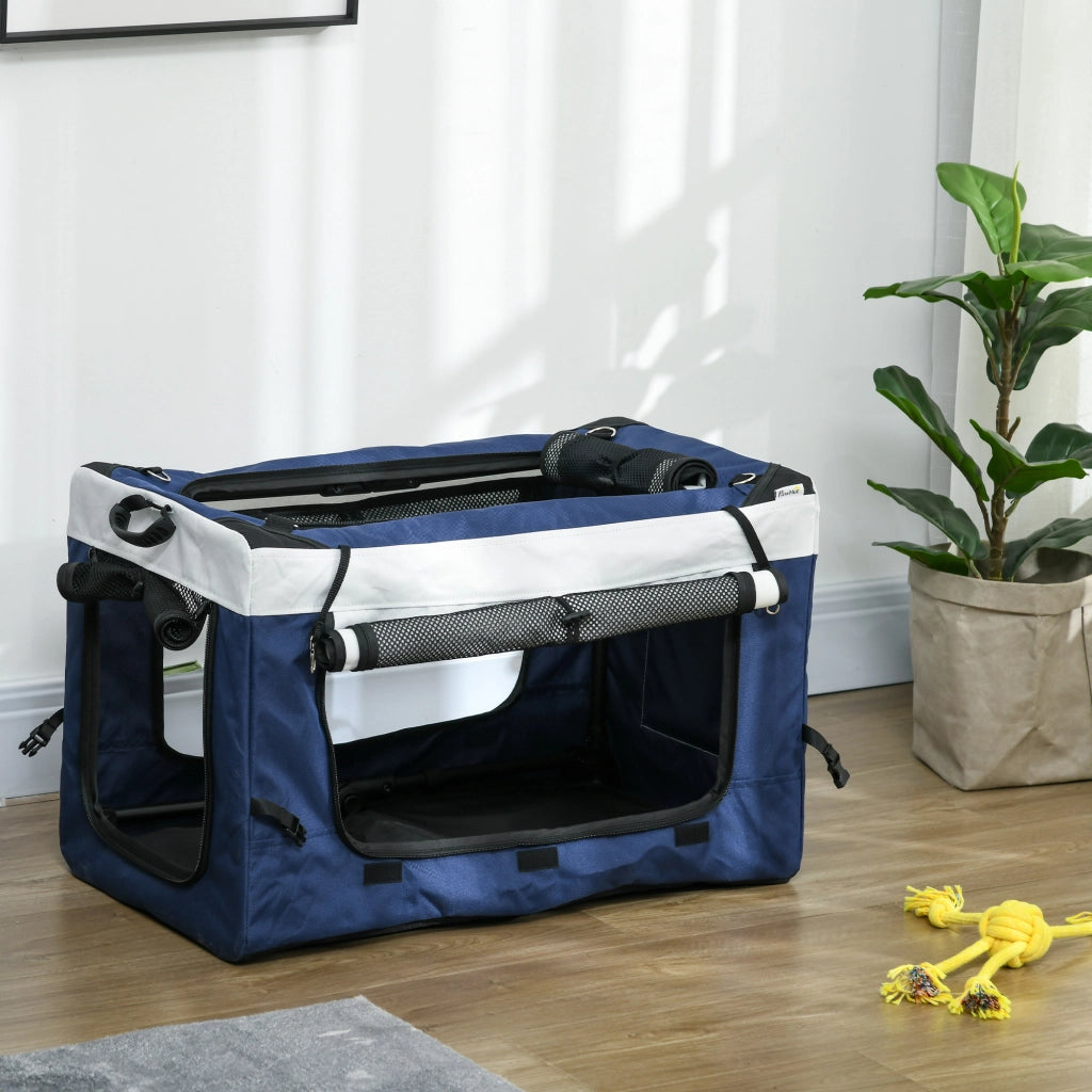 Carrello pieghevole per animali con culla removibile, 2 guinzagli di sicurezza, ruote EVA, in poliestere blu