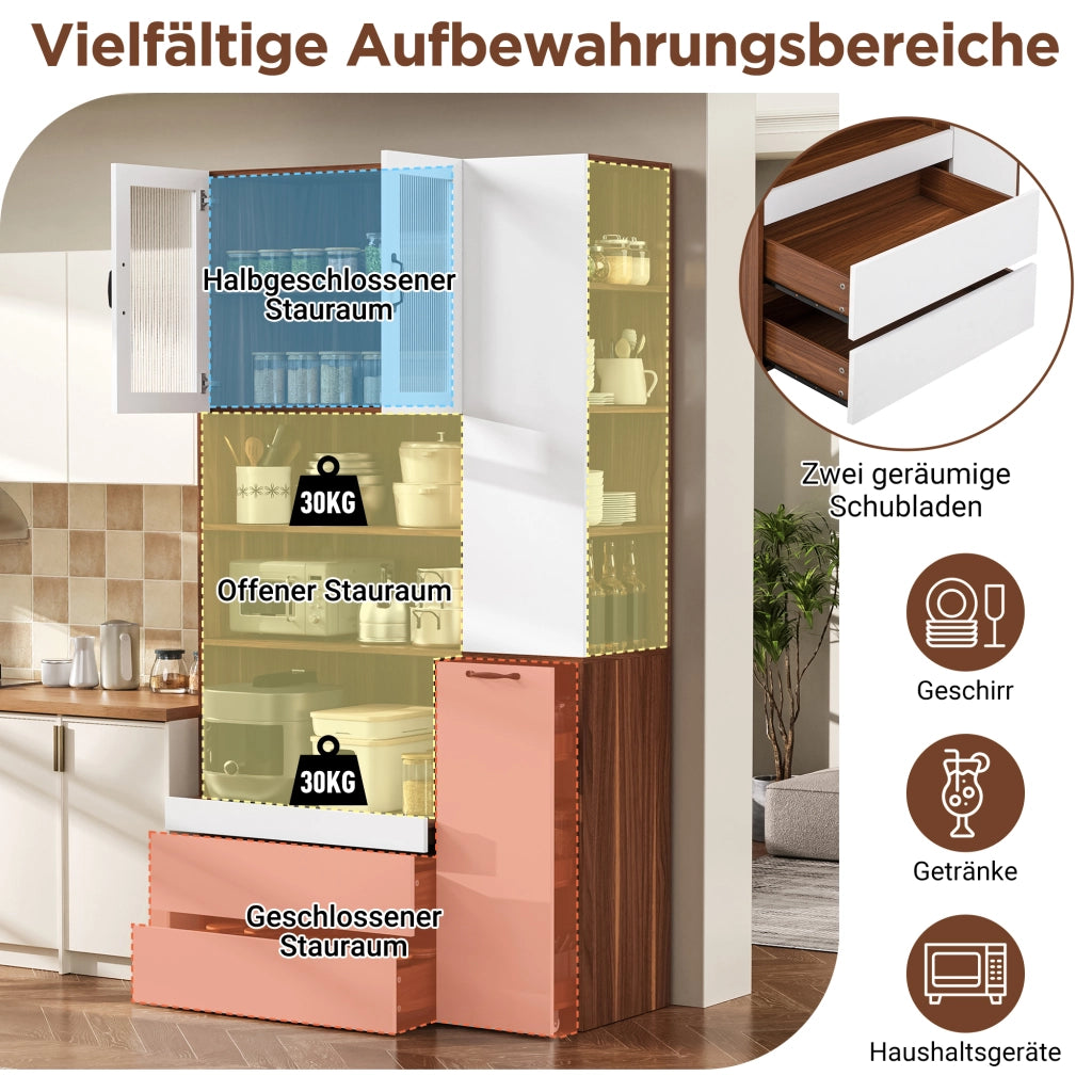 Credenza e madia con 2 cassetti e ripiani regolabili, per cucina e soggiorno, in MDF, bianco noce, 100 × 40 × 200 cm