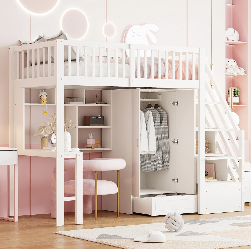 Letto a soppalco 90 x 200 cm con armadio; scrivania; ripiani e scala con cassetti; legno massello bianco