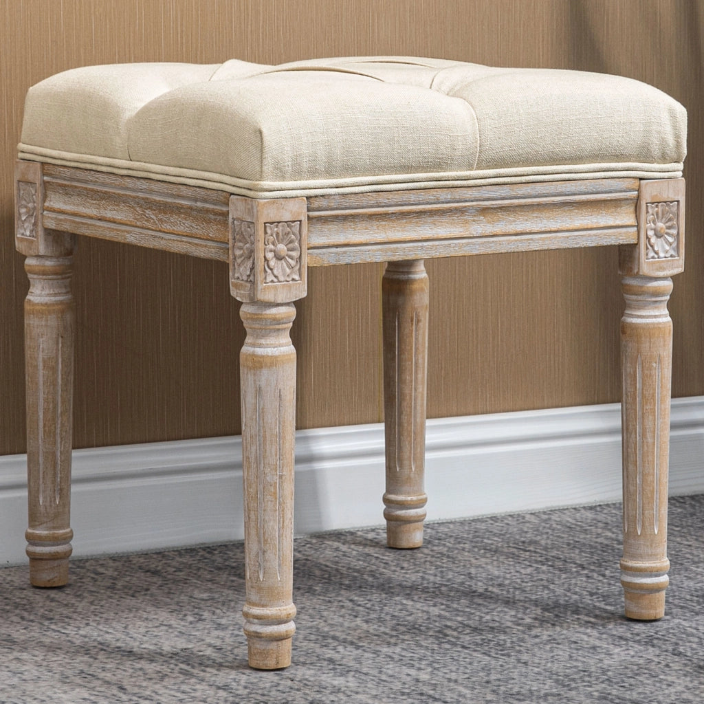 Pouf con Seduta Imbottita e Gambe in Legno ¨C Zephmum ¨C 40x40x43 cm Beige