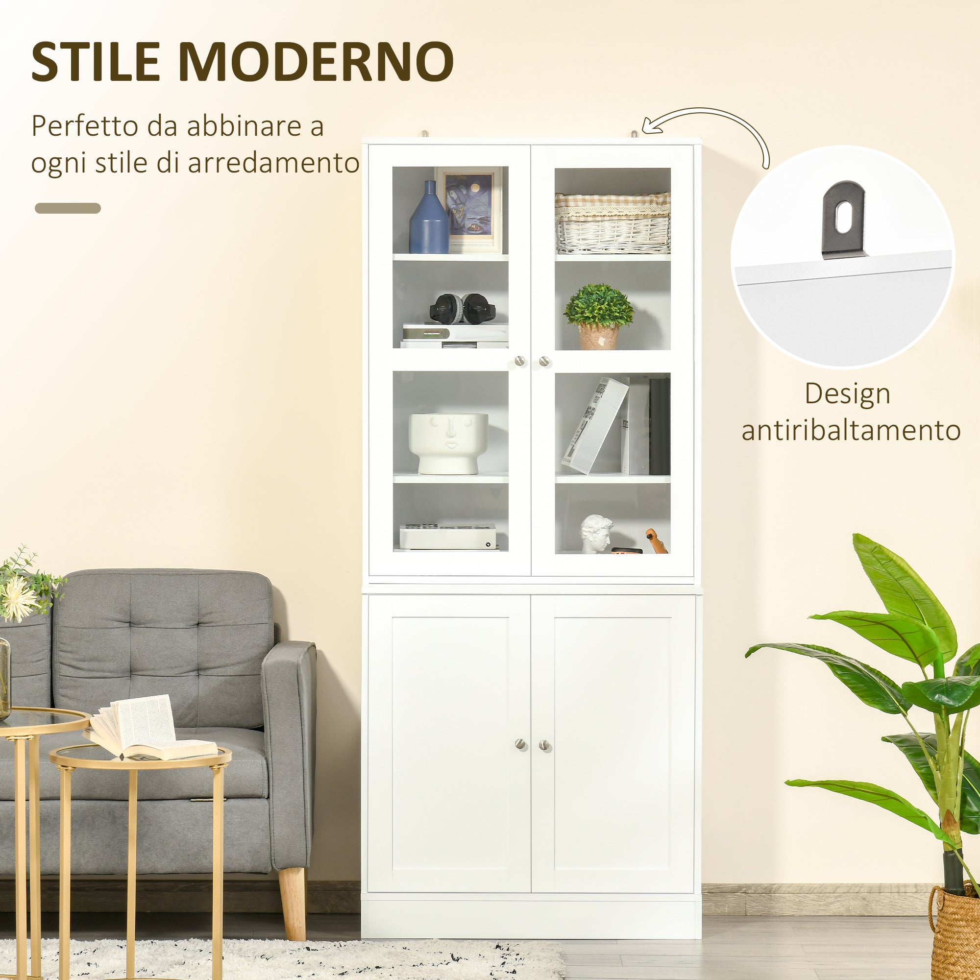 Mobile Libreria Chiusa 76x40x178,5 cm con Vetrina e Armadietto Inferiore in MDF Bianco