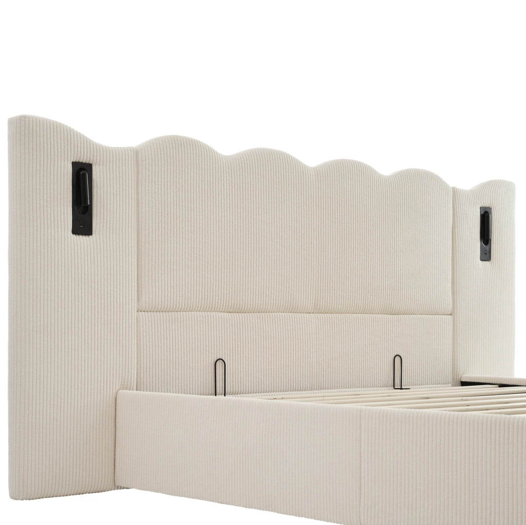 Letto contenitore 180x200 cm in velluto a coste con lampade LED, USB e Type-C, beige-bianco