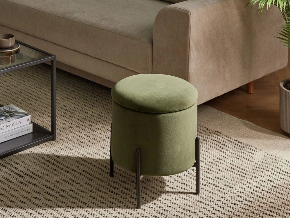 Pouf contenitore con seduta in tessuto velluto e base in legno poggiapiedi rotondo tavolino occasionale verde