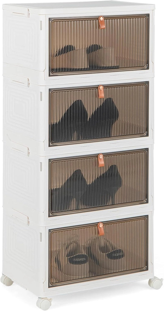 Scarpiera Pieghevole a 3/4/6 Piani, Mobile Multiuso Impilabile con Porte Trasparenti Magnetiche e Ruote Piroettanti Bloccabili, Contenitore con Coperchio per Cibi Giocattoli Abiti (4 Piani)