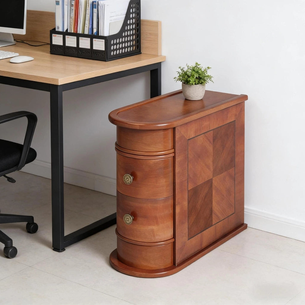 Tavolino laterale ad arco con 2 cassetti in legno; noce; 60 x 27 x 60 cm