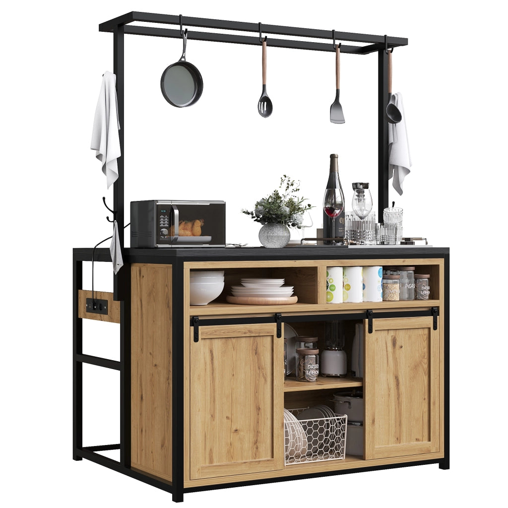 Mobile contenitore con porte scorrevoli e prese; ripiani aperti - per cucina - in MDF e metallo - 107×62×183 cm - legno