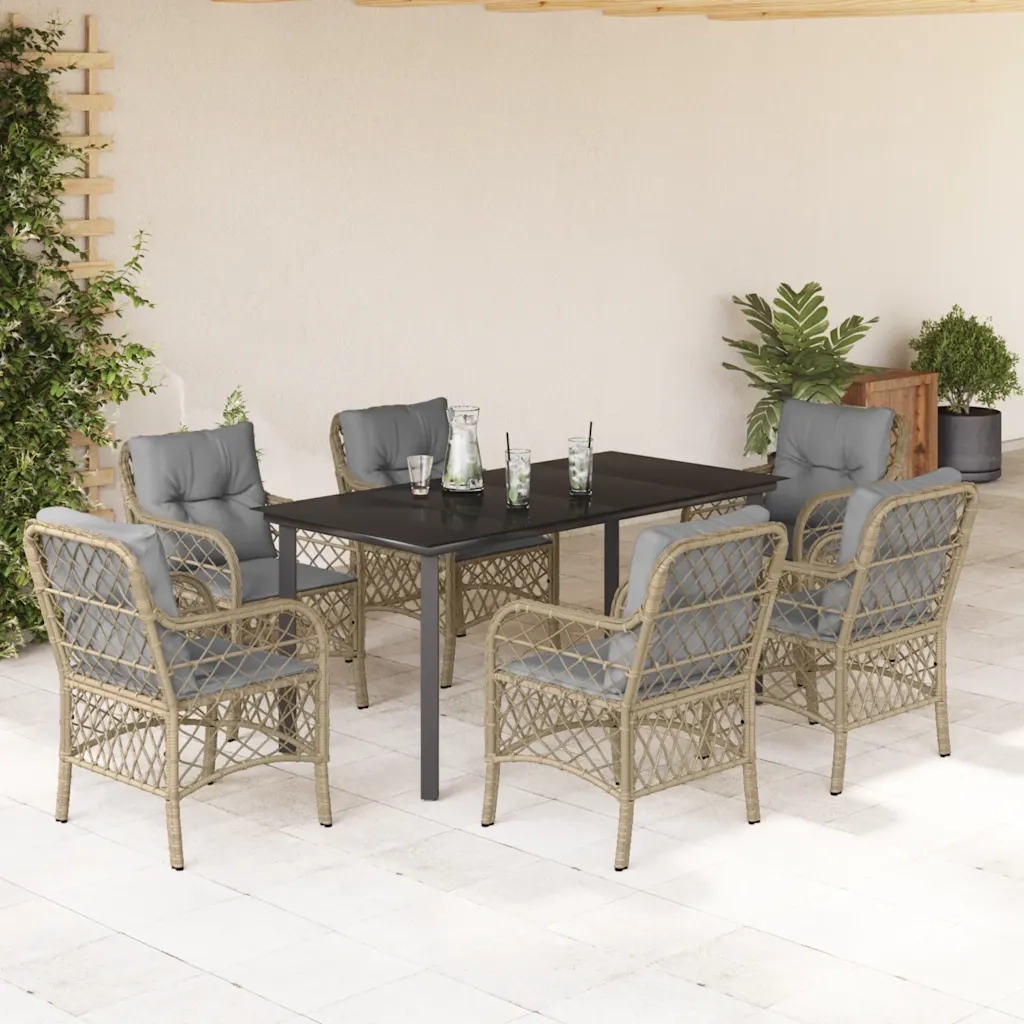 Set Pranzo da Giardino 7 pz con Cuscini Beige Misto Polyrattan