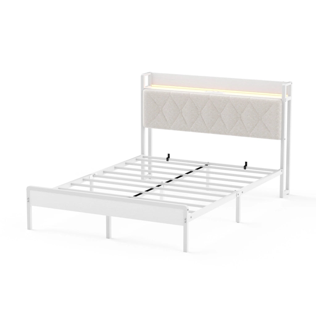 Letto imbottito 140 x 190 cm con testiera LED e porta USB; bianco