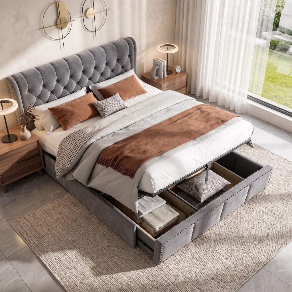Letto matrimoniale contenitore 160x200 cm con testiera imbottita vano contenitore idraulico rete a doghe e borchie in velluto-grigio