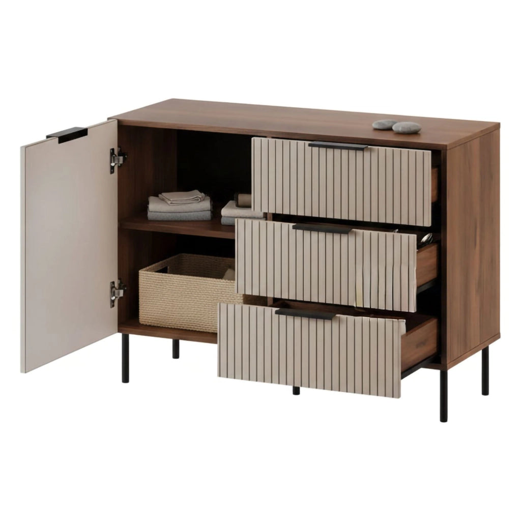 Credenza Grado, Madia da salotto con un'anta battente e tre cassetti, Rialzato da terra, 104x42 h75 cm, Noce e Beige
