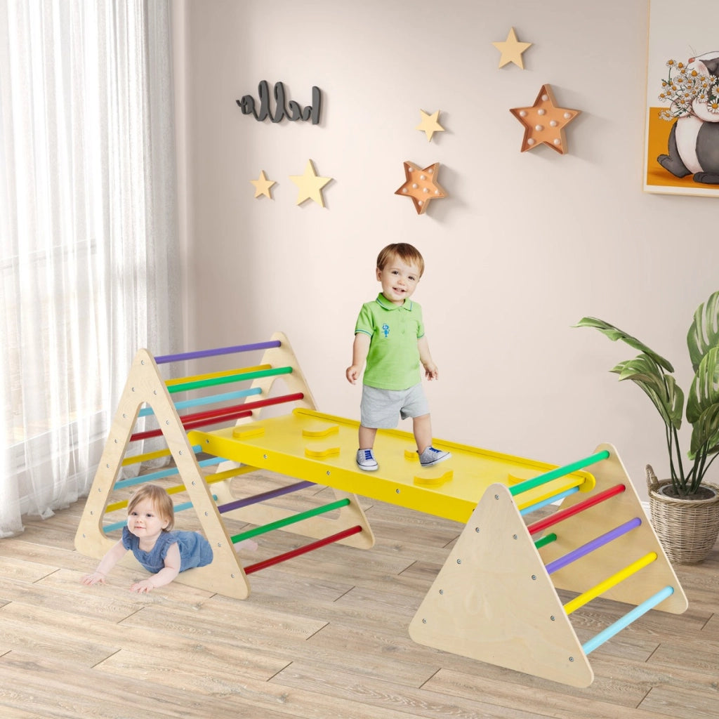 Set da arrampicata 3 in 1 per bambini, Scala triangolare con rampa double face per scivolare e arrampicarsi Colorato 1-Arrampicate e scivoli