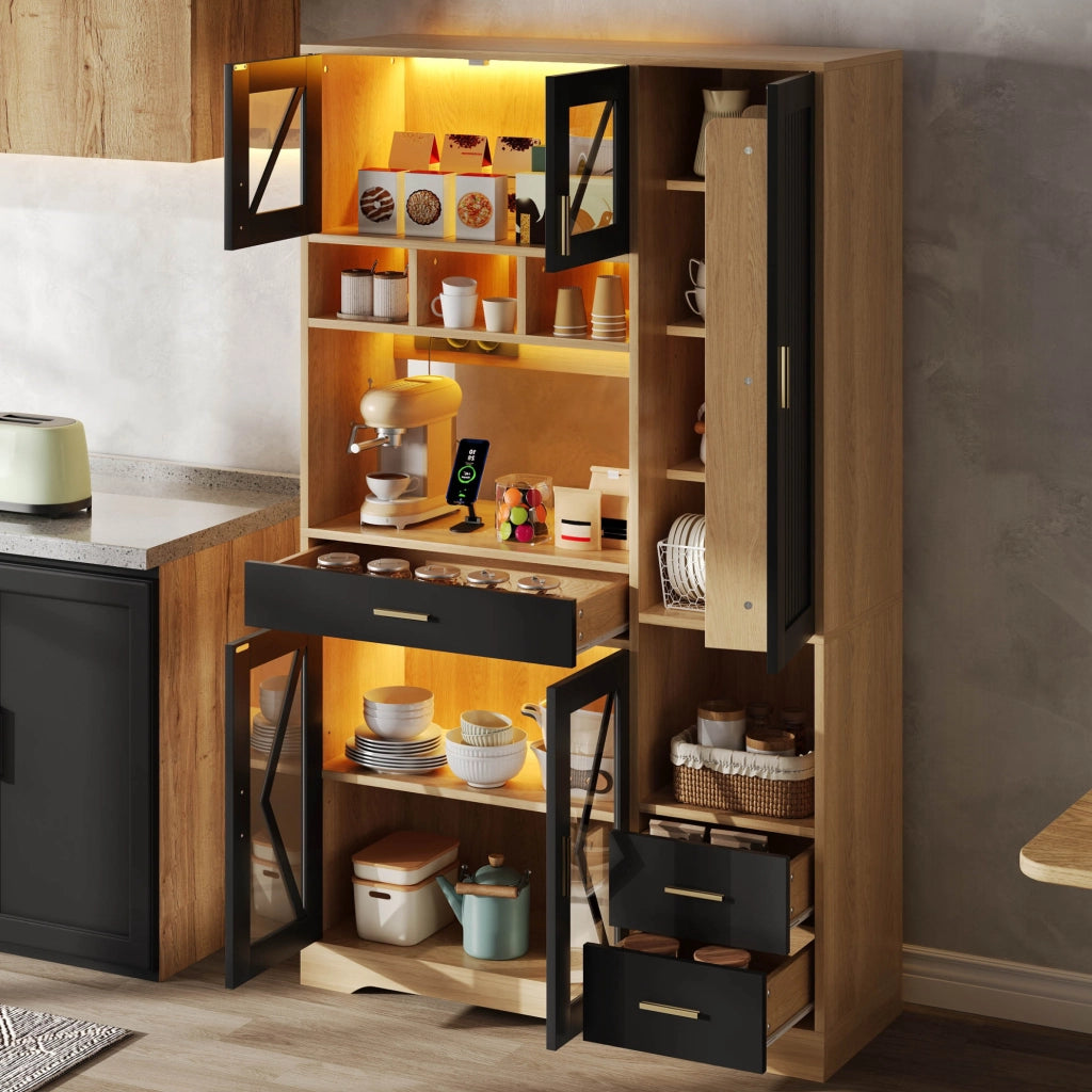 Credenza buffet in MDF 105x40x185 cm; stile vintage; con LED RGB; prese USB e porte in vetro