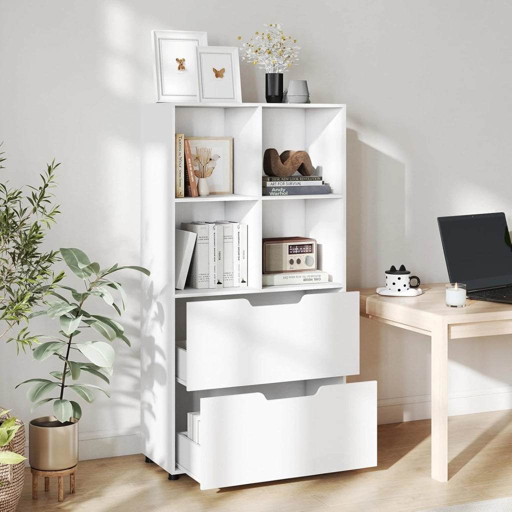 Libreria a 4 Cubi con 2 Cassetti, Scaffale Alto a 5 Ripiani da 130 cm, Libreria Moderna a Cubi Aperti, Organizer in Legno per Soggiorno, Studio, Ufficio Domestico (Bianco)