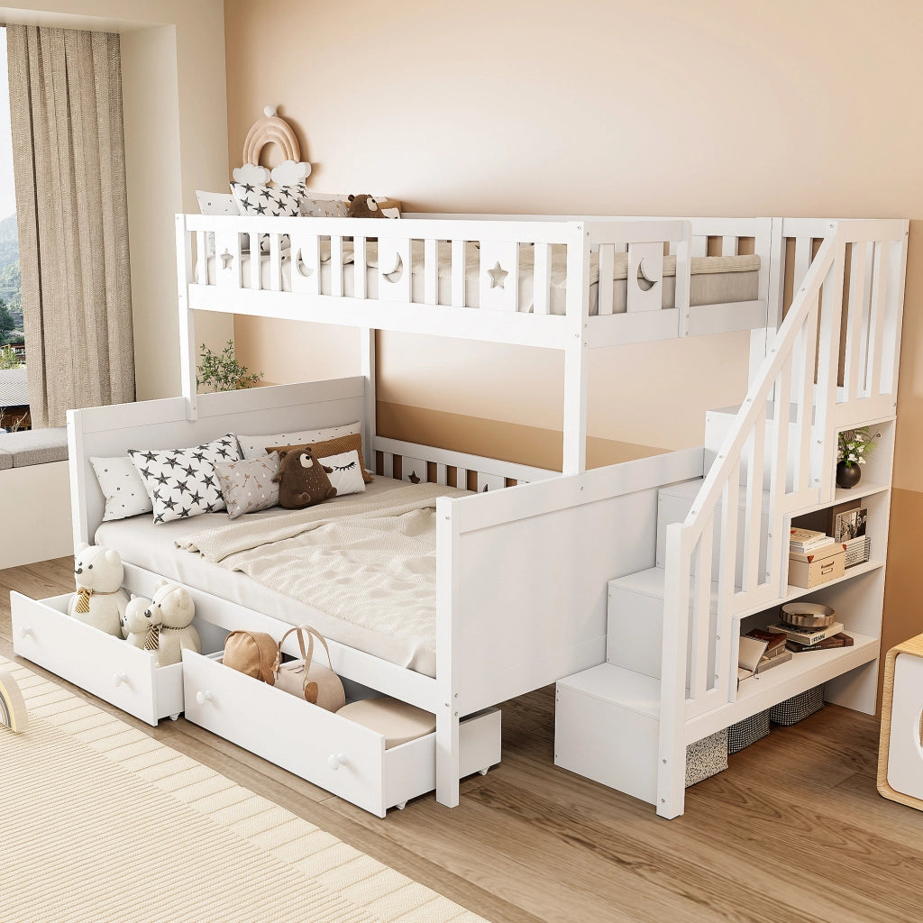 Letto a Castello 90×200 cm e 140×200 cm; Letto 3 Posti con Scala Contenitore e 2 Cassetti; senza Materasso