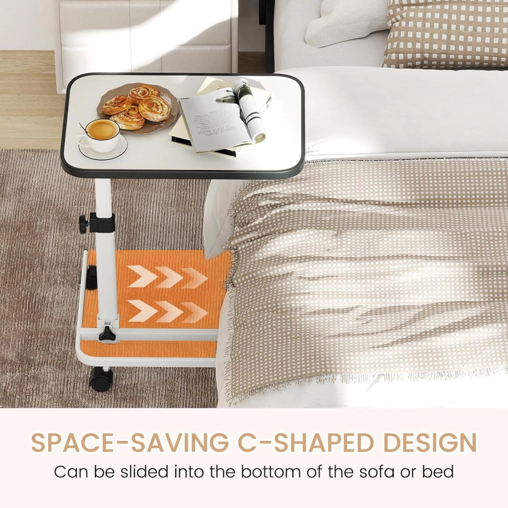 Tavolo da Letto con Ruote Universali, Tavolino Mobile a Forma di C, Comodino Mobile con Altezza Regolabile e Piano Inclinabile, per Camera da Letto e Ospedale