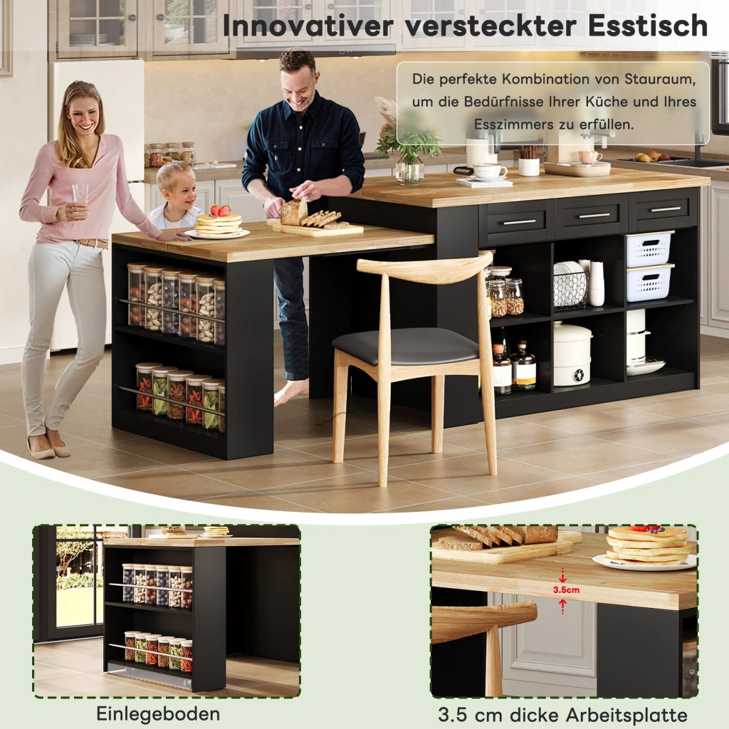 ISOLA CUCINA Multifunzionale 150x90x90 cm Nero/Naturale con tavolo estraibile