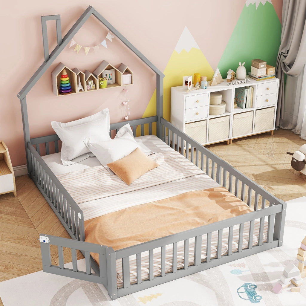 OKWISH Letto Bambini 140×190 cm, Letto Matrimoniale con Sponda di Sicurezza e Design a Camino, senza Materasso, in Pino, Grigio