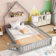 OKWISH Letto Bambini 140×190 cm, Letto Matrimoniale con Sponda di Sicurezza e Design a Camino, senza Materasso, in Pino, Grigio
