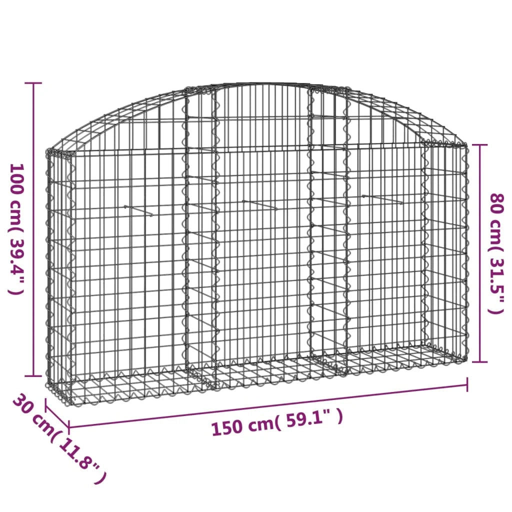 Cesto gabbione recinzione a gabbia muro di contenimento ad arco 150 x 30 x 80/100 cm ferro zincato argento 02_0039979