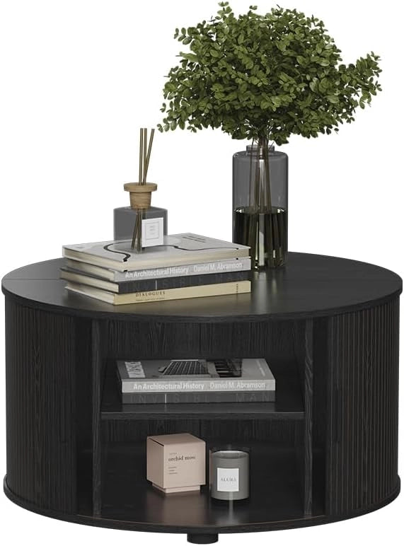 tavolino soggiorno Selva, Nero, 80 x 80 cm con porta scorrevole, con funzione lift e piano del tavolo regolabile in altezza