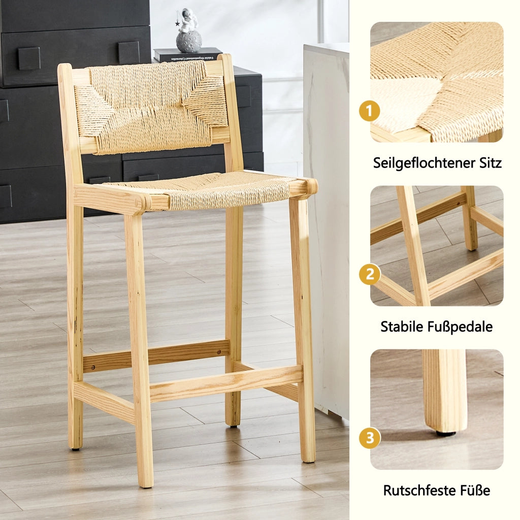 Sgabello da bar con schienale intrecciato seduta traspirante per isola cucina in legno massello colore legno