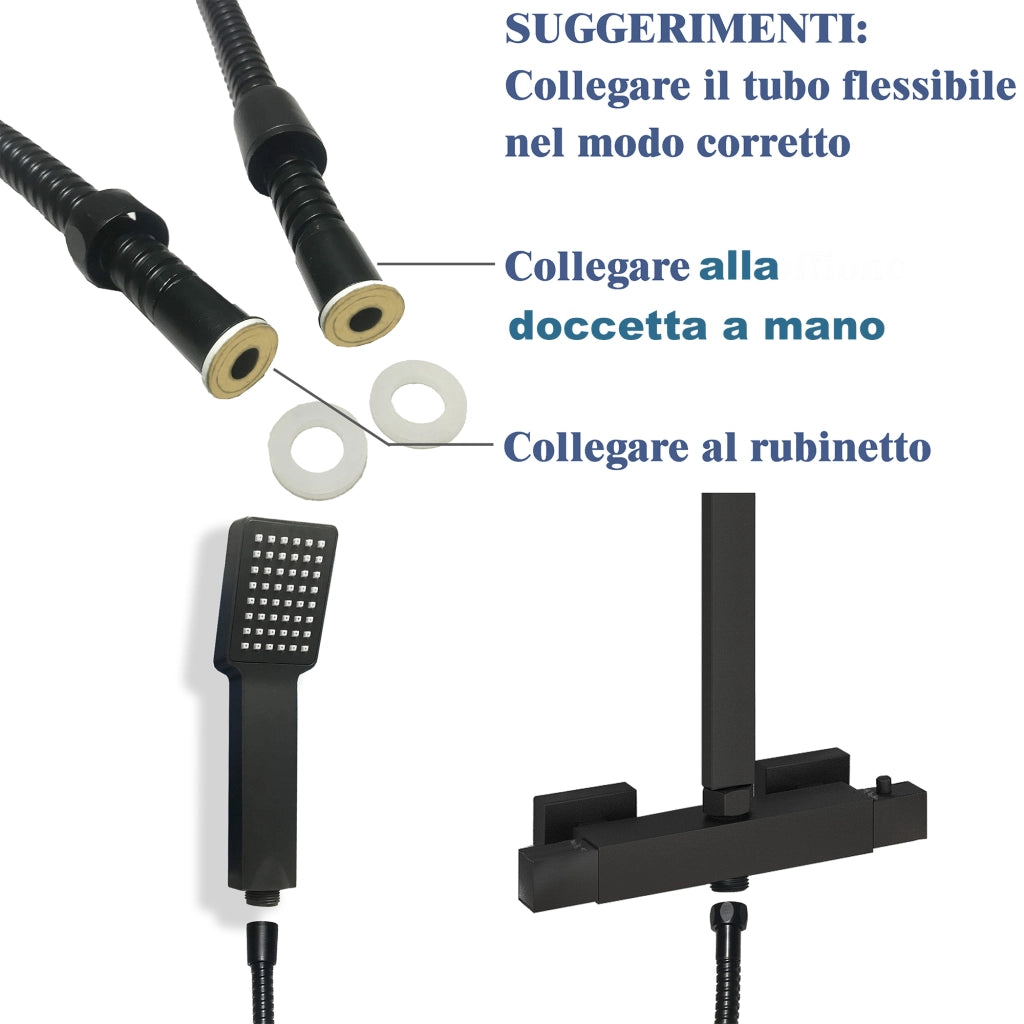 AICA Colonne doccia termostatiche, miscelatore doccia con rubinetto quadrato, nero