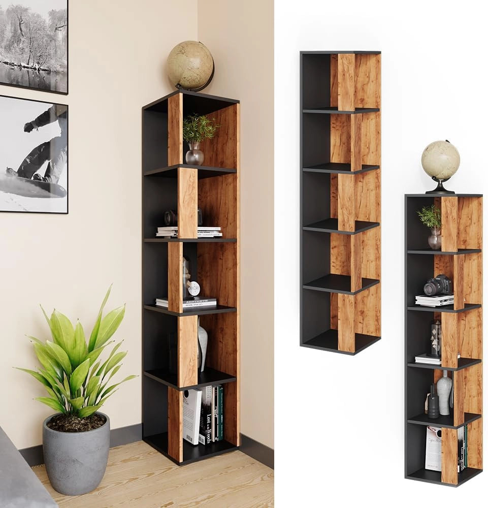 Scaffale angolare Lio, Quercia dorata, 33.3 x 162.2 cm, per riporre libri e decorazioni negli angoli della stanza