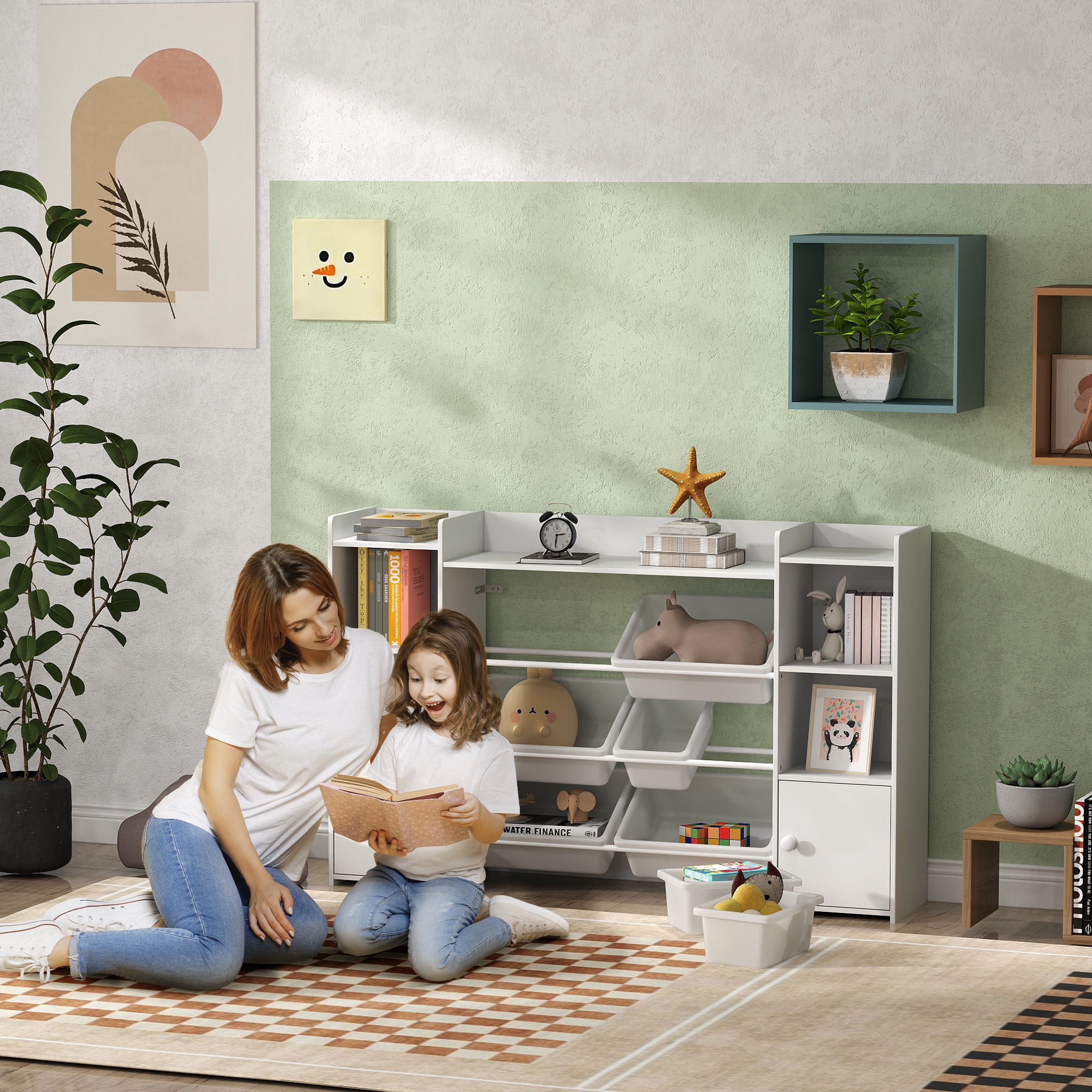 Scaffale Portagiochi per Bambini 140x30x90 cm con 8 Contenitori Rimovibili e Armadietti in MDF Bianco