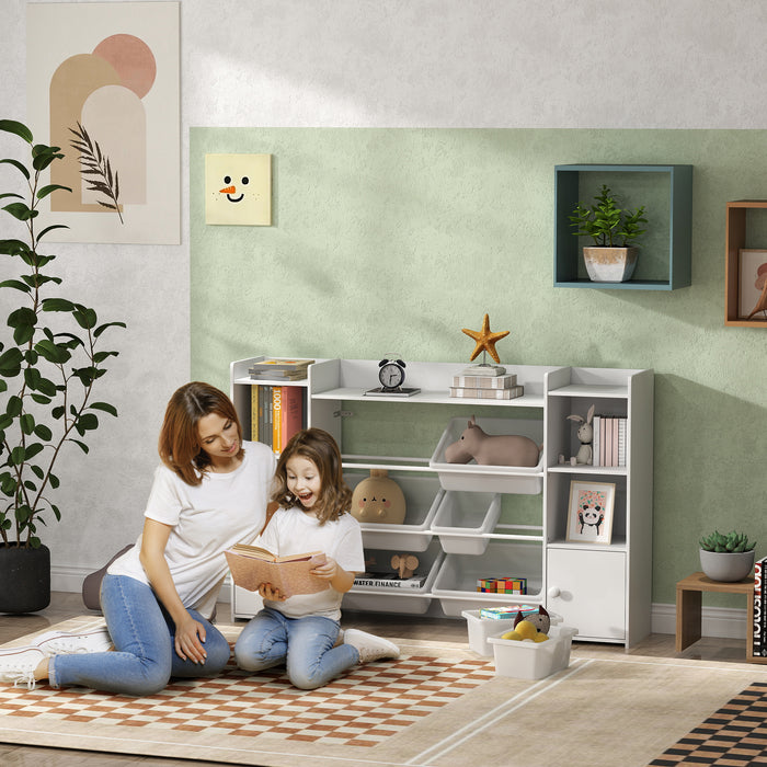 Scaffale Portagiochi per Bambini 140x30x90 cm con 8 Contenitori Rimovibili e Armadietti in MDF Bianco