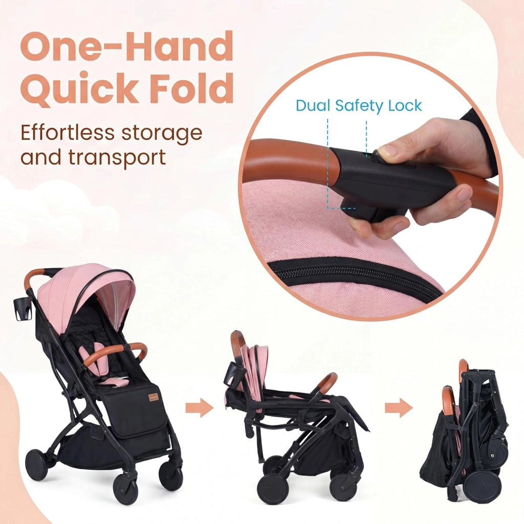 Passeggino Leggero per Bambini e Neonati, Passeggino Pieghevole e Portatile con Ruote, Schienale Regolabile, Tettuccio, Cintura di Sicurezza, Cesto e Copertura Antipioggia (Rosa)