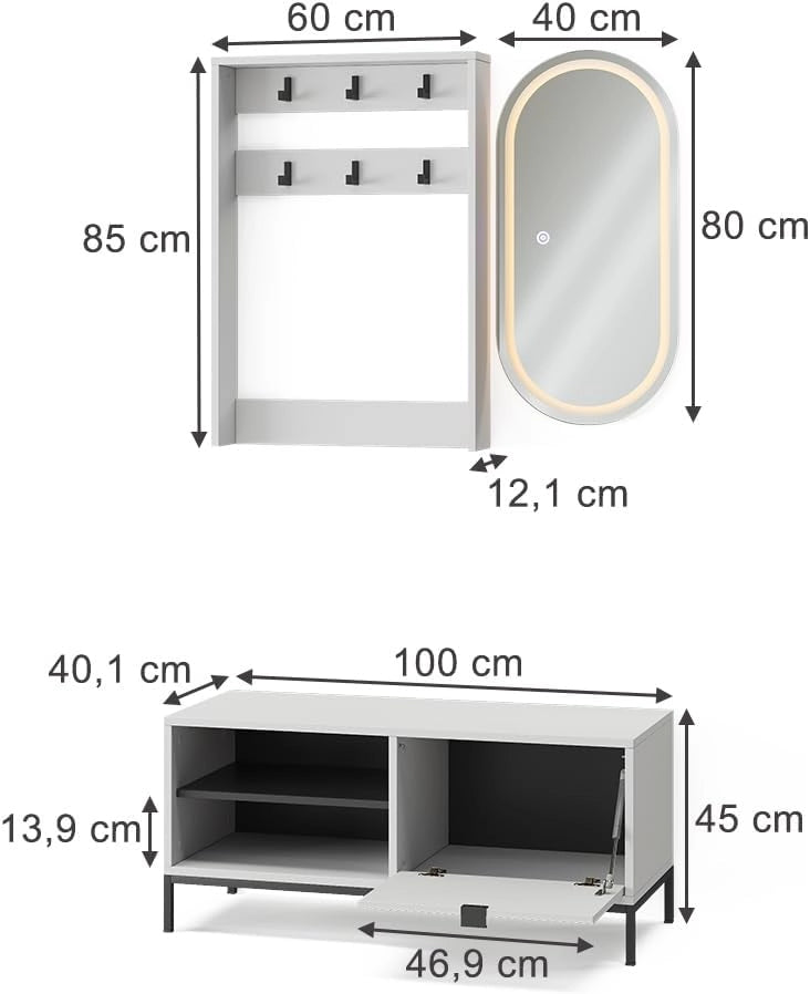 Armadio da ingresso Eliza, Bianco, 100 x 45 cm Set, 3 parti, adatto per montaggio a parete e appendiabiti