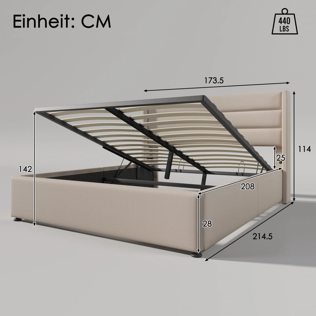 Letto contenitore matrimoniale 160x200 cm, imbottito con vano contenitore e sollevamento idraulico integrato, struttura in legno e metallo, tessuto lino, materasso non incluso, beige