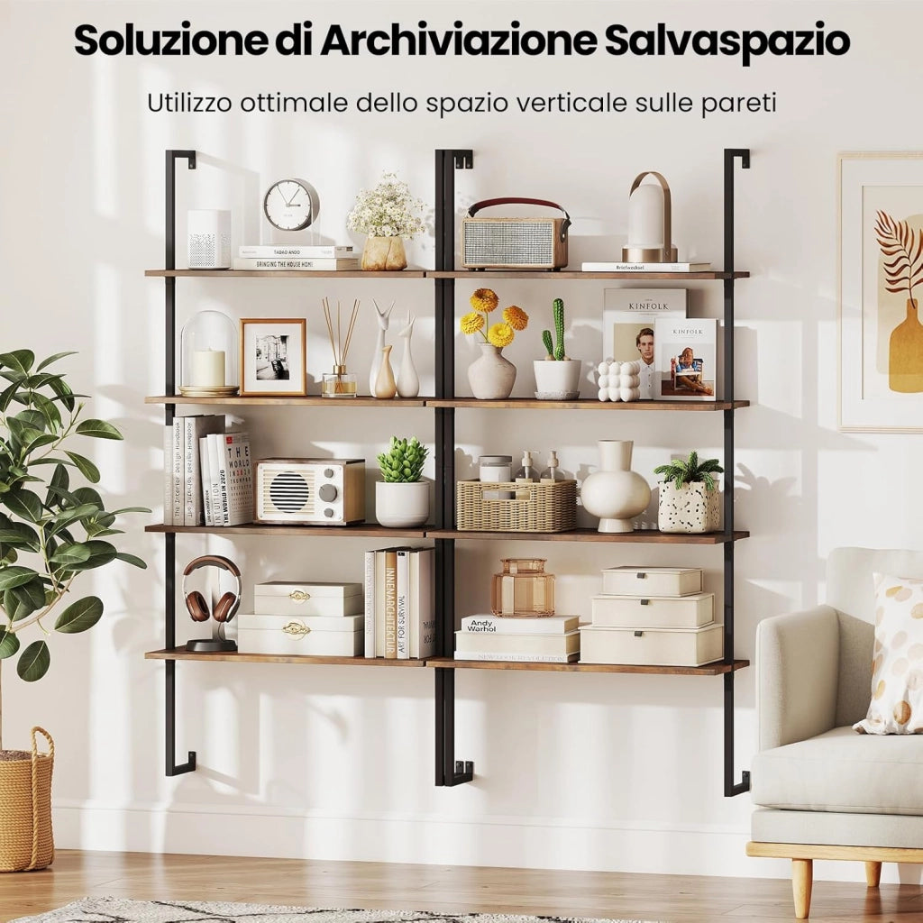 Libreria a Parete a 4 Livelli, Mensole Industriali con Struttura in Metallo, Libreria a Scaletta in Legno da Parete per Soggiorno, Cucina, Bar, Ufficio