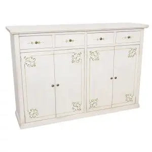 Credenza madia buffet mod Lia in legno Shabby chic bianco anticato decorato filetto ornata verde