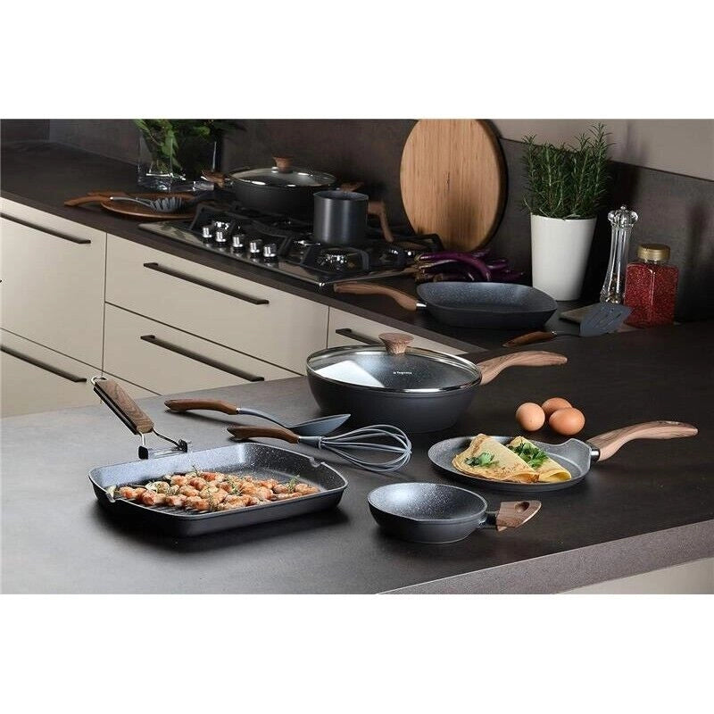 TOGNANA GREAT STONE BATTERIA DI PENTOLE E PADELLE SET CON - 2 PADELLE- 3 CASSERUOLE - 3 COPERCHI TRASPARENTI 8 PZ IN ALLUMIIO