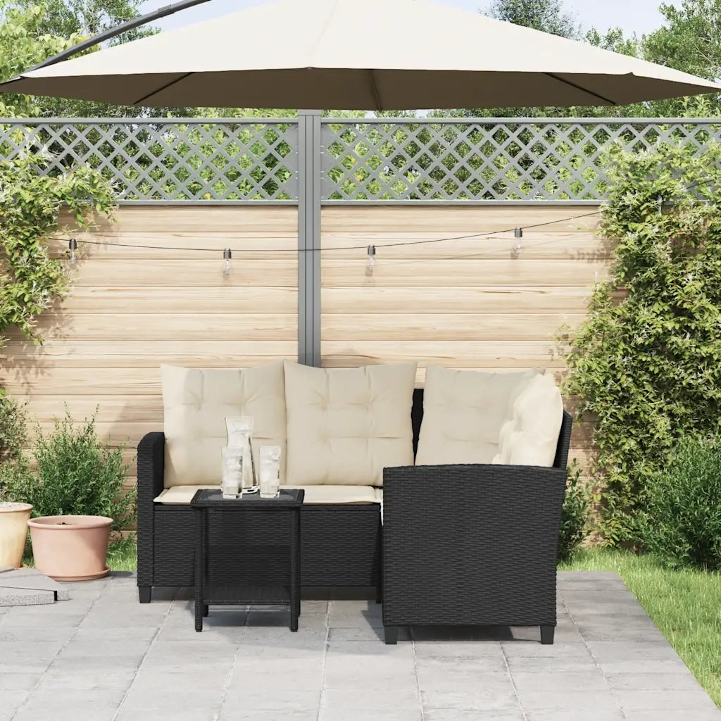Divano da Giardino con Tavolo e Cuscini a L Nero in Polyrattan
