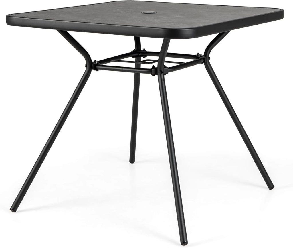 Tavolo da pranzo da giardino quadrato, 80 x 80 x 72,5 cm, con piano SPC e foro per ombrellone, struttura in metallo robusto, carico 100 kg, tavolo per balcone, patio