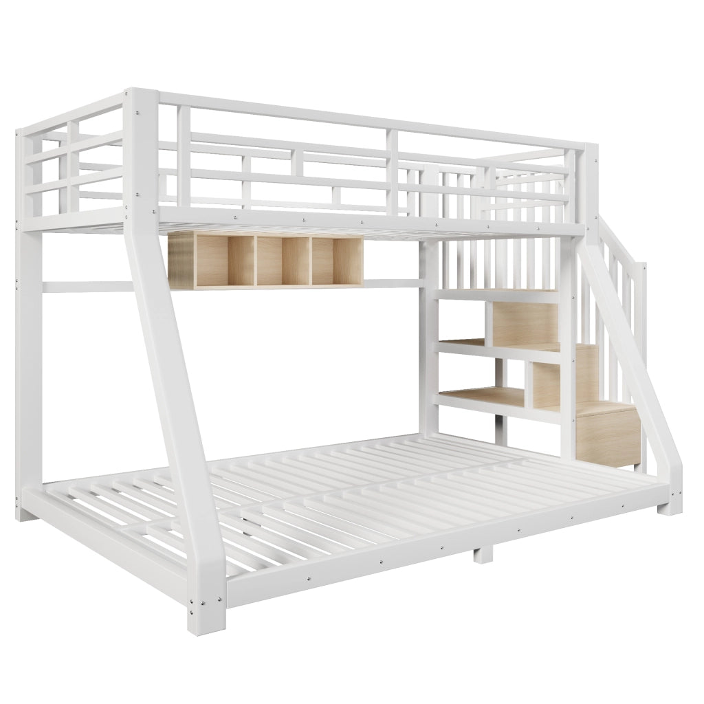 Letto a castello per bambini con scala a 3 vani e LED con app LEMONMAX; 90x200+140x200 cm; certificato EN 747; metallo e MDF; bianco