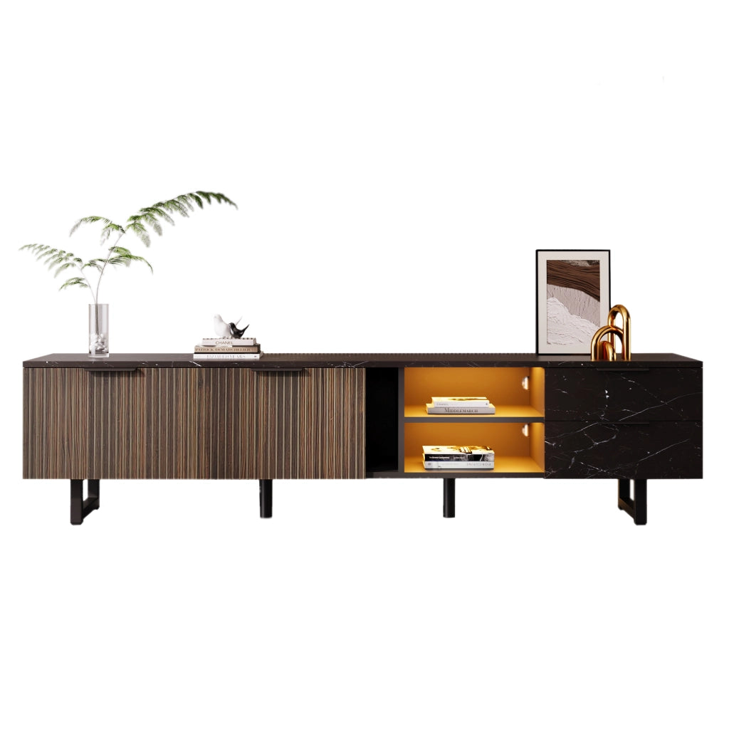 Mobile TV con 2 Ante; 2 Cassetti e LED Multicolore; Effetto Marmo Nero; in MDF; Nero e Legno; 200??38??50 cm